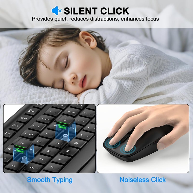 QUASIO Wireless Keyboard and Mouse Combo, Full-Size Silent Ergonomic Keyboard and Optical Mouse, Long Battery Life, 2.4GHz Lag-Free Cordless Mice Keyboard for Computer, Mac, Laptop, PC, Windows - Image 3